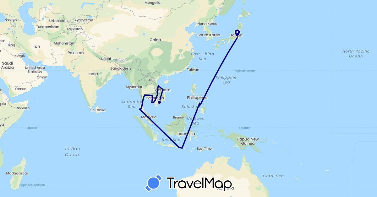 TravelMap itinerary: driving in Indonesia, Japan, Cambodia, Laos, Philippines, Thailand, Vietnam (Asia)